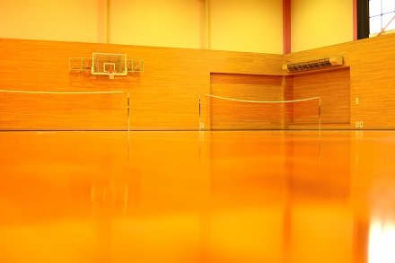 壁にバスケットゴールが設置され、ネットが2面に貼られた体育館内の写真