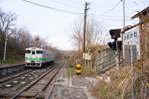 白い車体に緑色のラインが入った1両編成の電車と、ひめかわ駅の駅看板を写した写真