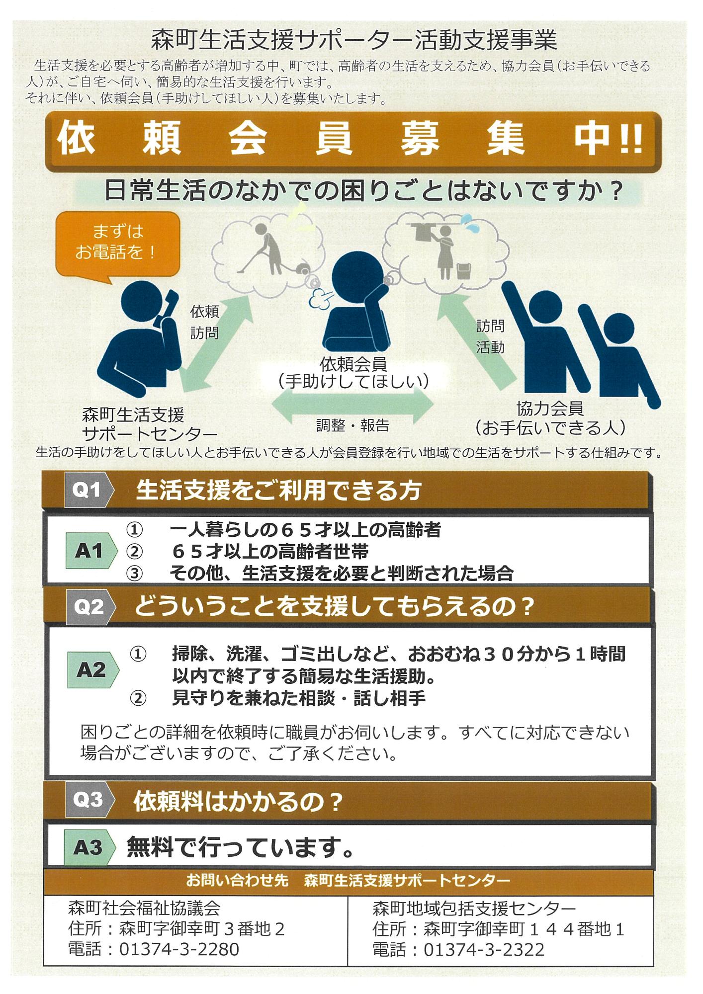 森町生活支援サポーター活動支援事業に係る依頼会員の募集についてのチラシ